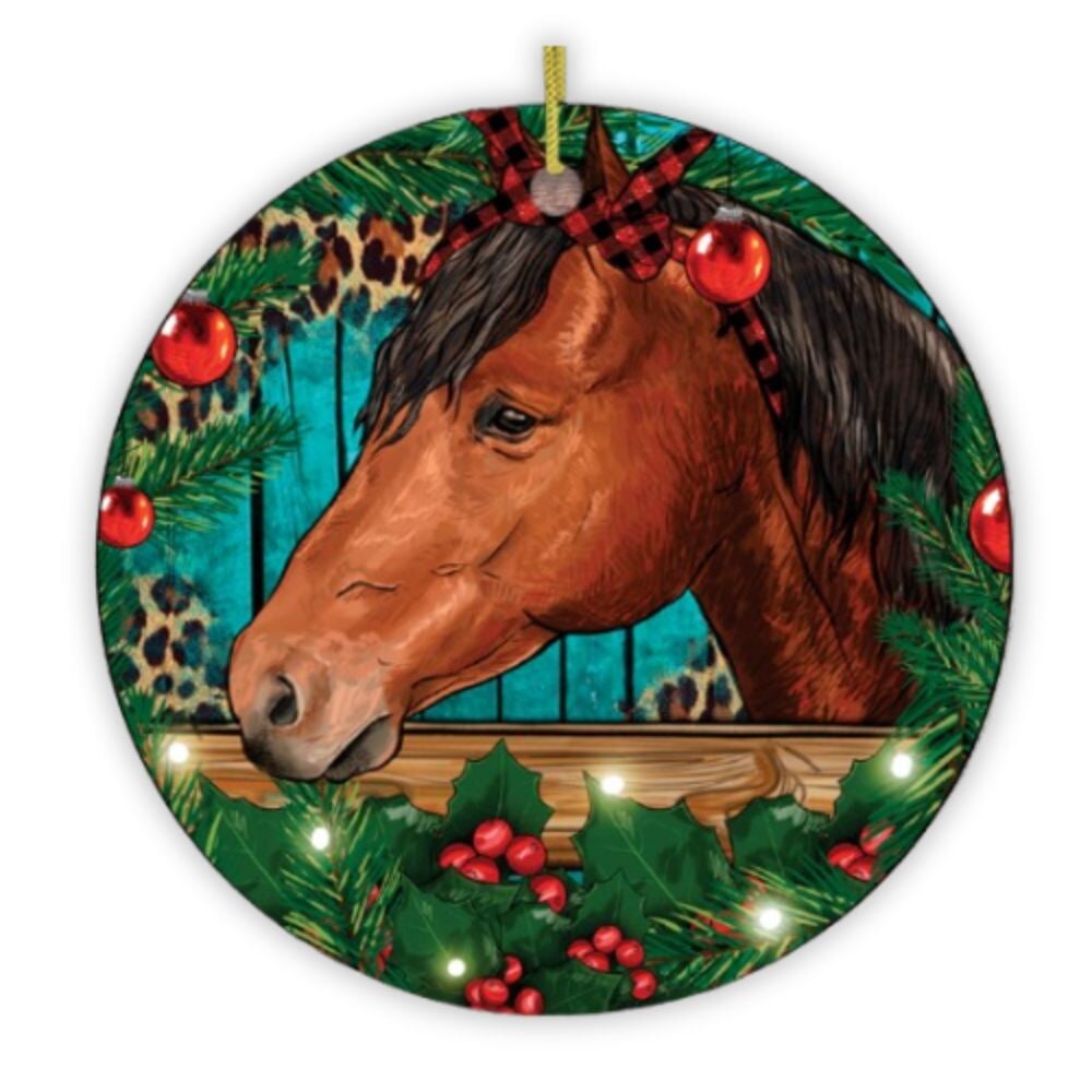 Elegant Brown Horse in Christmas Wreath Ornament Ceramic Ornament OrnamentallyYou 