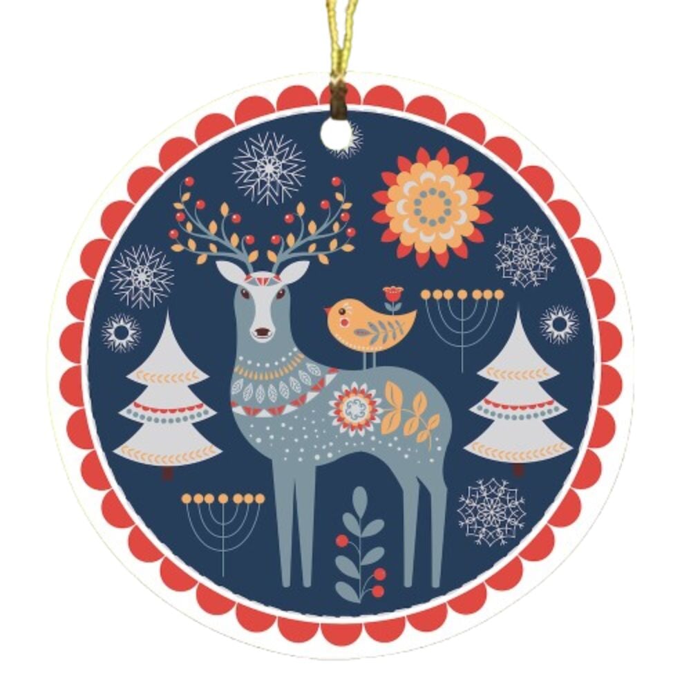 Scandinavian Folk Deer Christmas Ornament, Ethnic Boho Tree Gift Ceramic Ornament OrnamentallyYou 