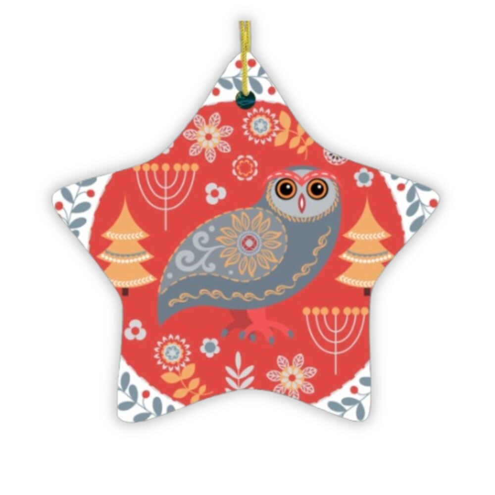 Ethnic Folk Owl Christmas Ornament, Scandinavian Vintage Theme Ceramic Ornament OrnamentallyYou 