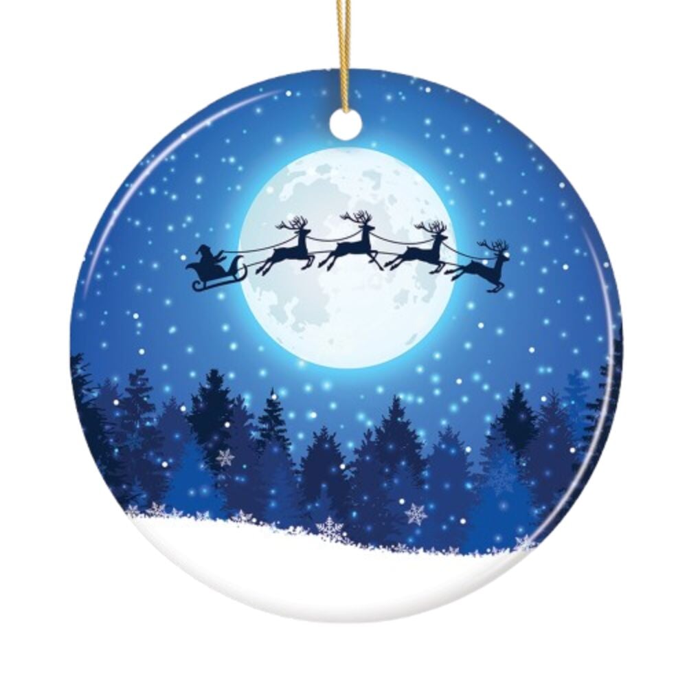 Santa Claus and Reindeer Silhouette over Full Moon Ornament, Nighttime Forest Snow Scene Ceramic Ornament OrnamentallyYou 