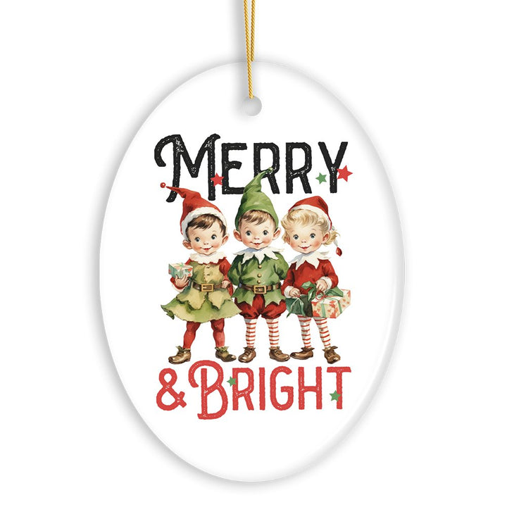 Vintage Elves Merry & Bright Christmas Ornament, Retro Ceramic Tree Decoration Ceramic Ornament OrnamentallyYou 