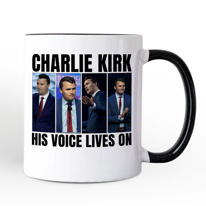 His Voice Lives On Charlie Kirk Graphic Mug, Women or Men Patriotic Republican Gift