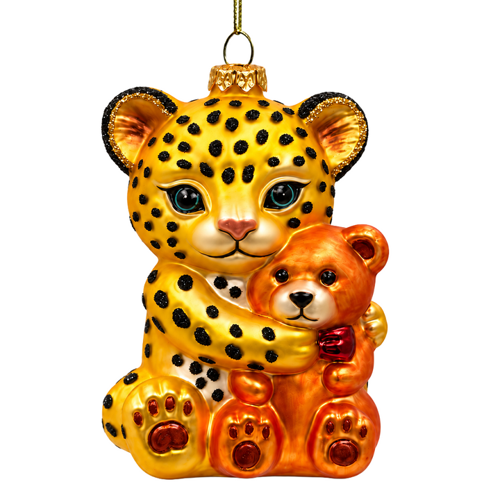 (PRE-ORDER) Adorable Leopard Hugging Bear Glass Christmas Ornament, Cute Jungle Animal Holiday Decor