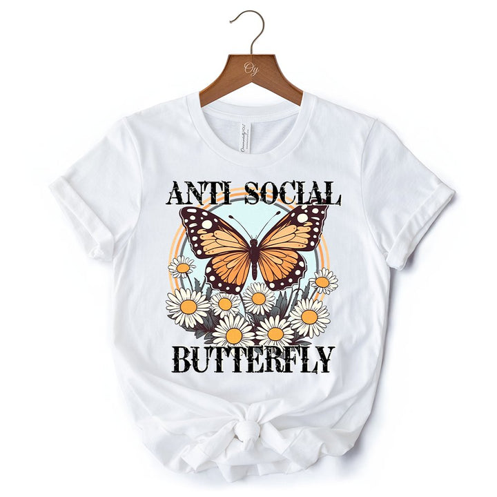 Anti Social Butterfly T-Shirt, Retro White and Natural Tee for Quirky and Independent Women T-Shirts OrnamentallyYou 