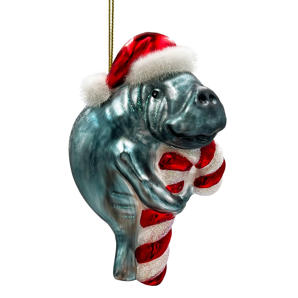 Aquatic Manatee Glass Christmas Ornament, Sea Cow Coastal Ocean Animal Holiday Decoration Glass Ornament OrnamentallyYou 