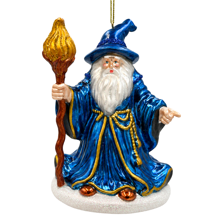 (PRE-ORDER) Blue Wizard with Flaming Staff Glass Christmas Ornament, Fantasy Sorcerer Magic Tree Decor
