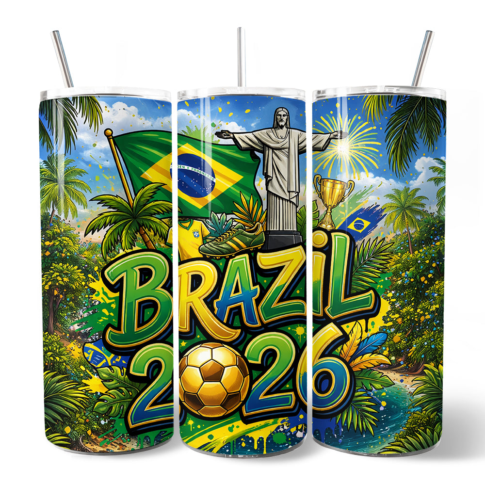 Brazil 2026 Soccer Cup Global Championship 20oz Tumbler With Lid and Stainless Steel Straw, Fans Football Gift Cup