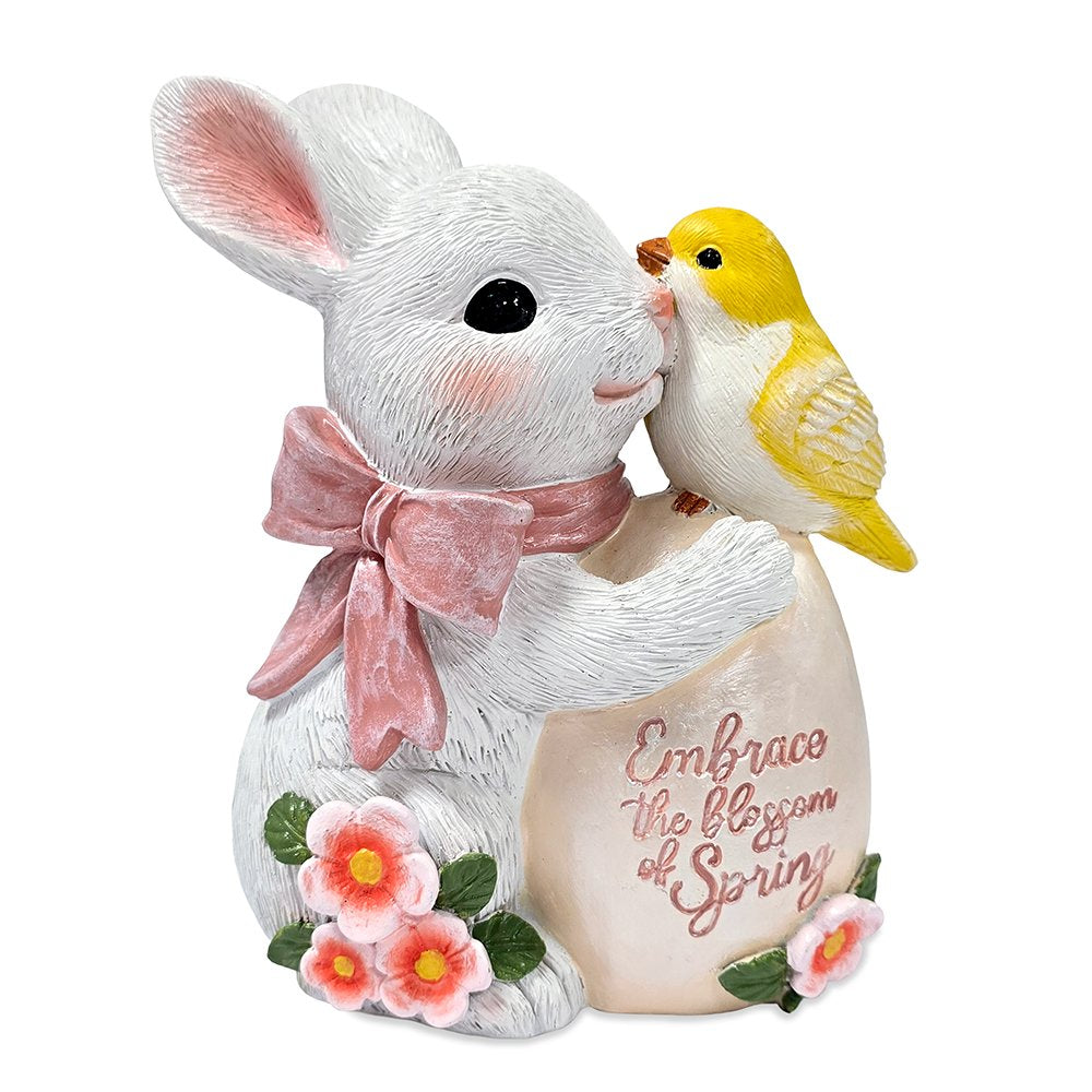Bunny and Yellow Bird Easter Garden Statue, 7" Spring Rabbit Figurine Outdoor Decor Resin Statues OrnamentallyYou 