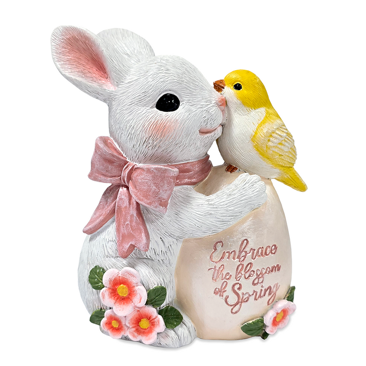 Bunny and Yellow Bird Easter Garden Statue, 7" Spring Rabbit Figurine Outdoor Decor