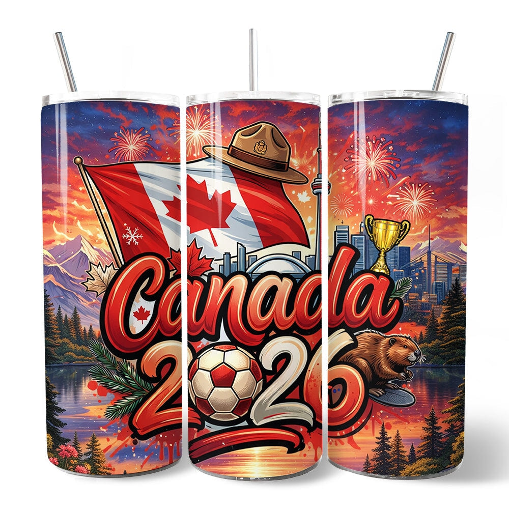 Canada 2026 Soccer Cup Global Championship 20oz Tumbler With Lid and Stainless Steel Straw, Fans Football Gift Cup Tumbler OrnamentallyYou 