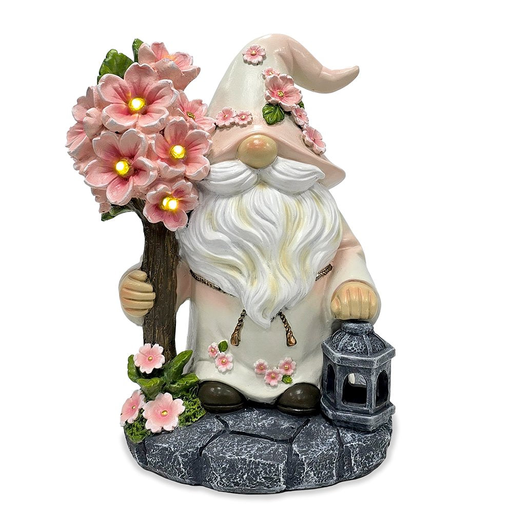 Cherry Blossom Gnome Solar Garden Statue, 8" Figurine and Floral Outdoor Decor Resin Statues OrnamentallyYou 