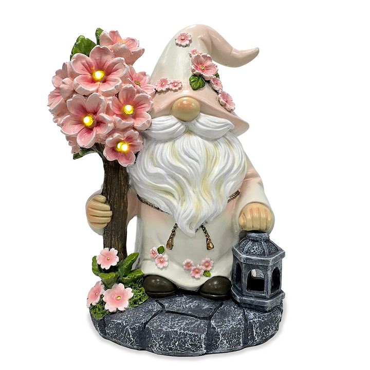 Cherry Blossom Gnome Solar Garden Statue, 8" Figurine and Floral Outdoor Decor