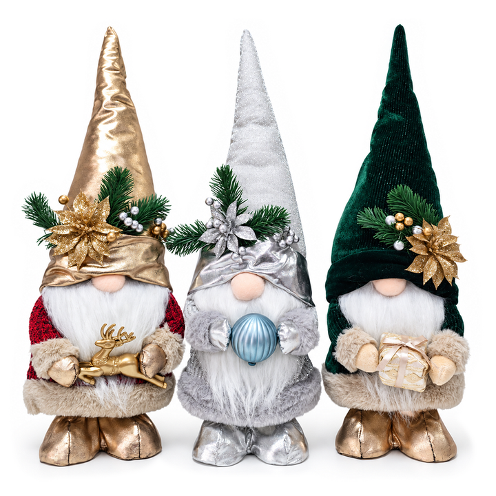Christmas Luxe Plush Gnome Set of 3, Elegant Emerald Silver 19.3" Holiday Decor