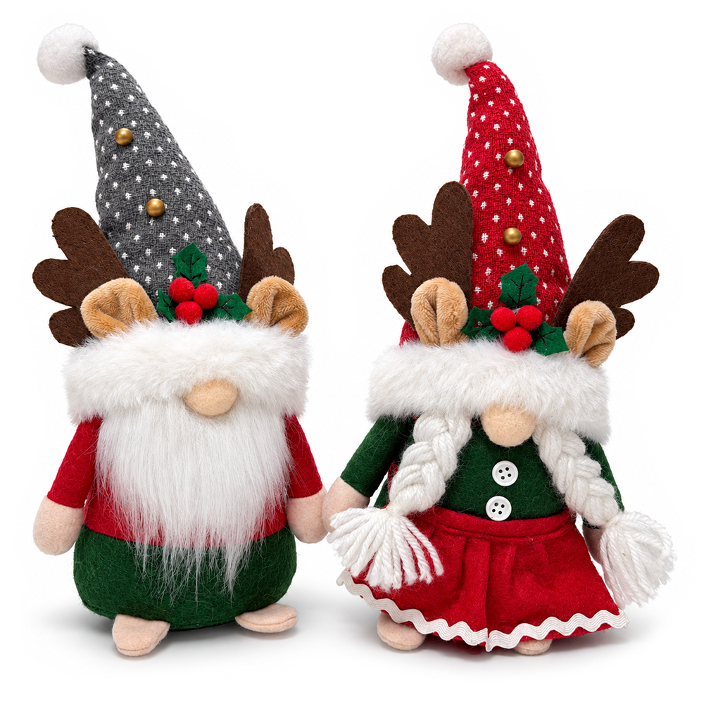 Christmas Reindeer Plush Gnome Set of 2, Cozy Woodland 11.5" Holiday Decor