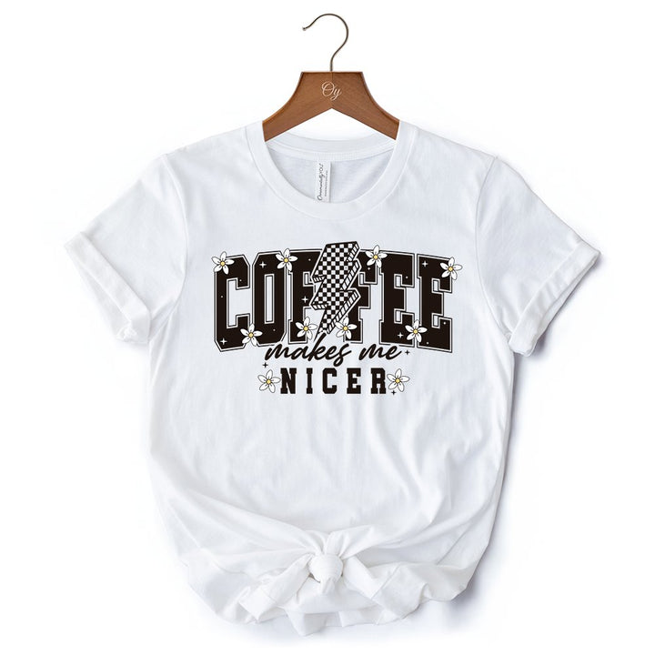 Coffee Makes Me Nicer Retro T-Shirt, Trendy White and Natural Tee for Stylish Women and Caffeine Lovers T-Shirts OrnamentallyYou 