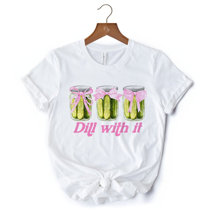 Coquette Dill With It Funny T-Shirt, Pink Bow Pickle Lover White Tee for Cute and Quirky Style Fans T-Shirts OrnamentallyYou 