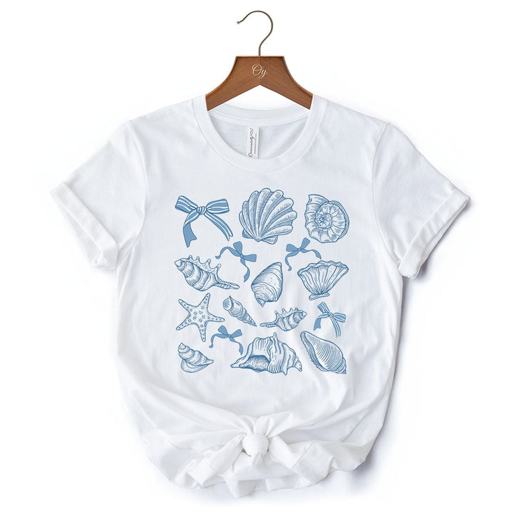 Coquette Seashell Summer Vibe T-Shirt, Natural and White Retro Beach Tee Gift for Ocean Lover T-Shirts OrnamentallyYou 