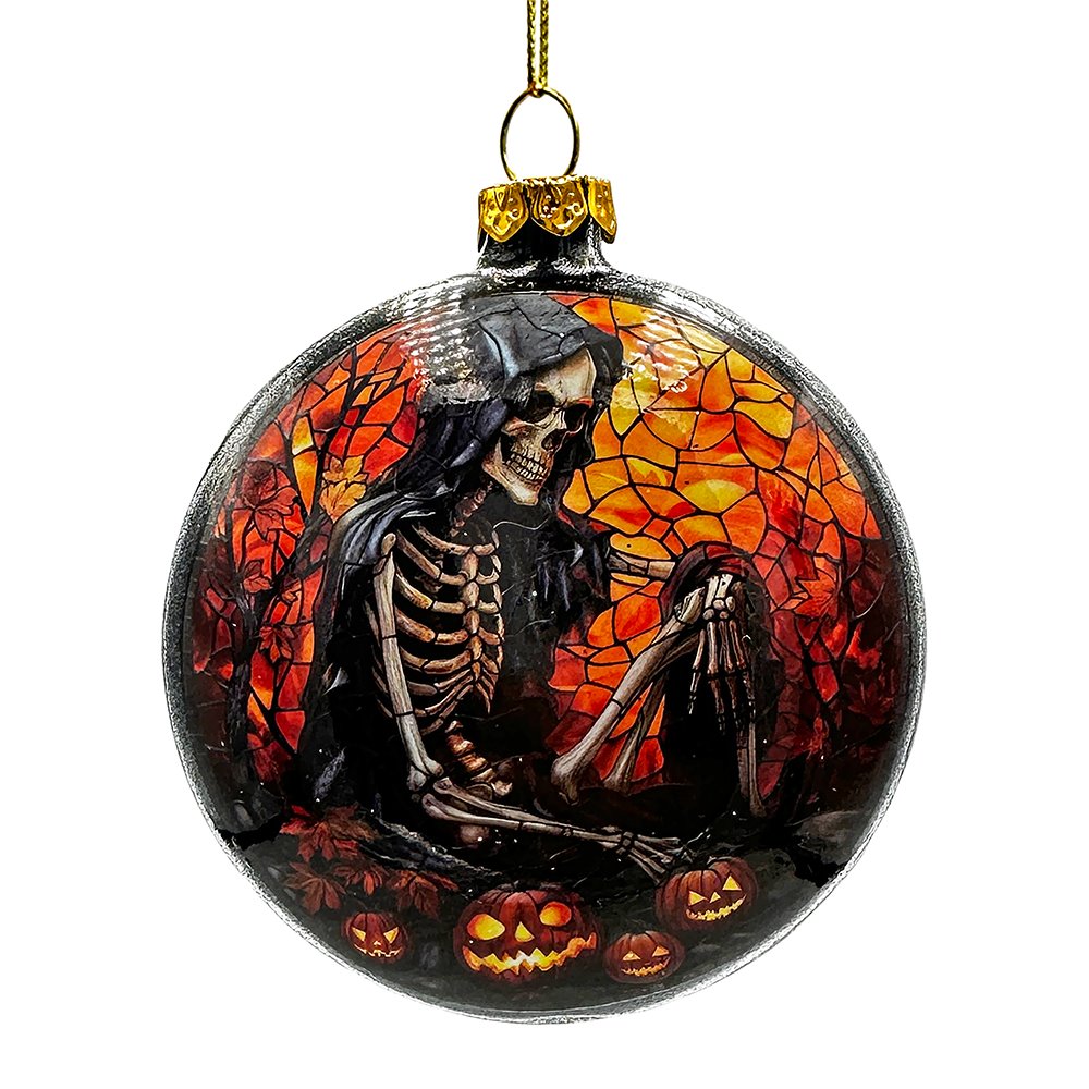 Creepy Stained Glass Skeleton and Raven Haunted Ornament, Halloween Horror and Christmas Tree Decor Glass Ornament OrnamentallyYou 