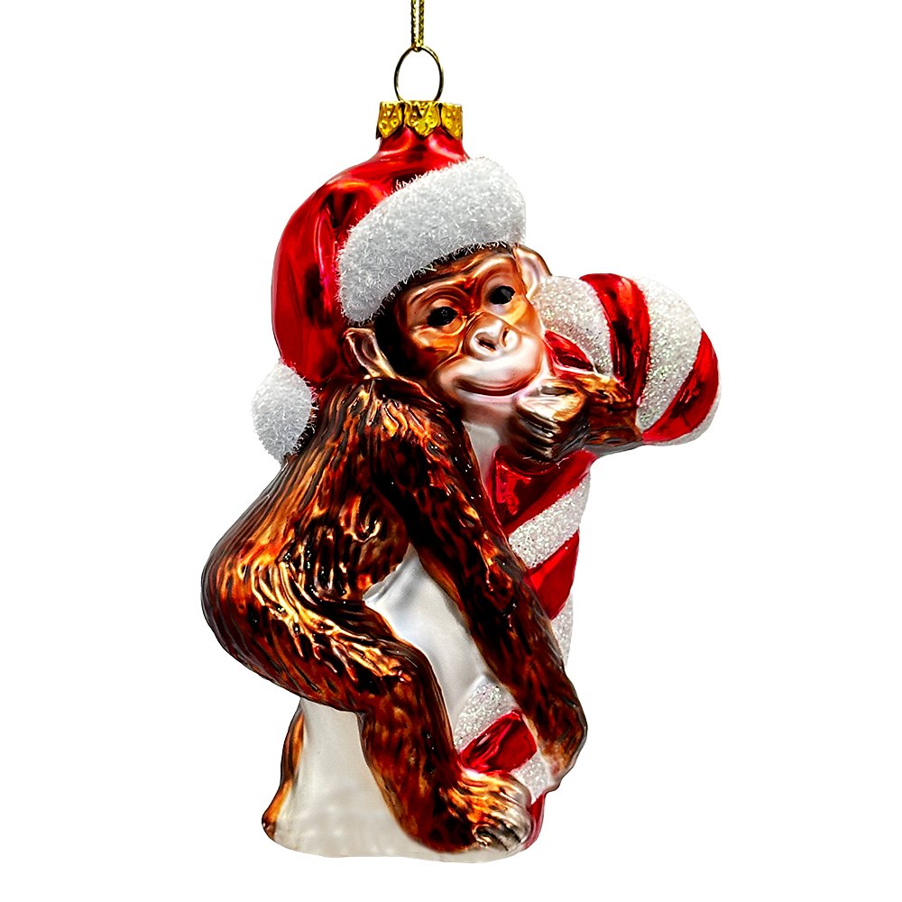 Cute Monkey with Candy Cane Glass Christmas Ornament, Adorable Chimp Holiday Tree Decor Glass Ornament OrnamentallyYou 