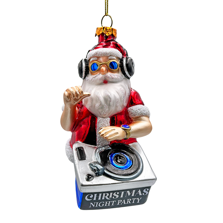 (Pre-Order) DJ Santa Spinning Christmas Party Glass Ornament, Headphones and Music Star Hipster Tree Decor