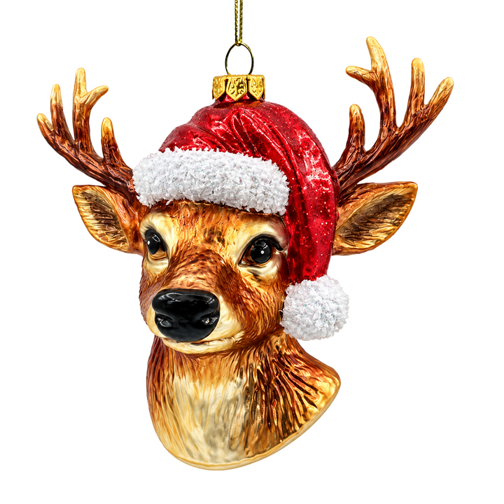 (PRE-ORDER) Deer Head with Santa Hat Glass Christmas Ornament, Buck Woodland Holiday Tree Decor
