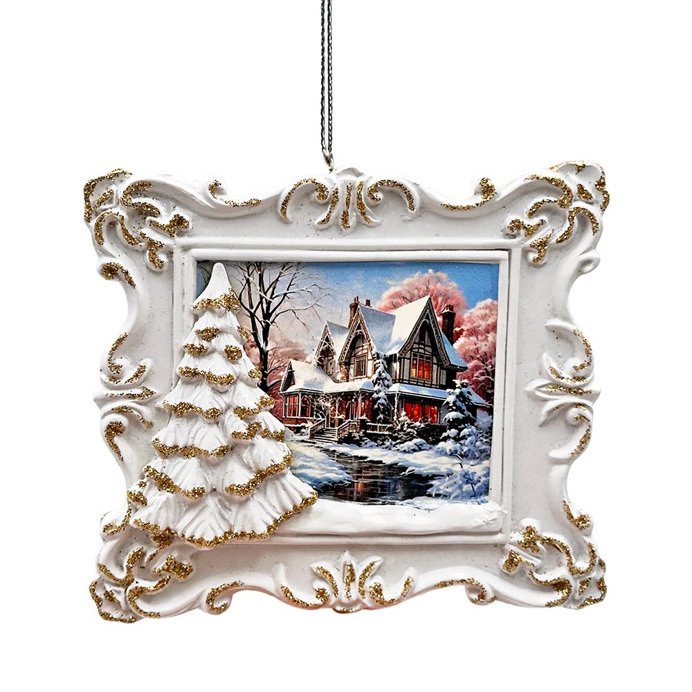 Elegant Winter Cottage Portrait Christmas Ornament, Artistic Painting Tree Decor Resin Ornaments OrnamentallyYou 