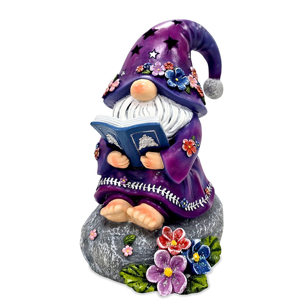 Enchanted Wisdom Solar Book Reader Gnome Figurine, 8" Lighted Lavender Purple Garden Statue Resin Statues OrnamentallyYou 