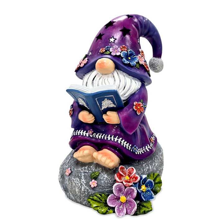 Enchanted Wisdom Solar Book Reader Gnome Figurine, 8" Lighted Lavender Purple Garden Statue Resin Statues OrnamentallyYou 