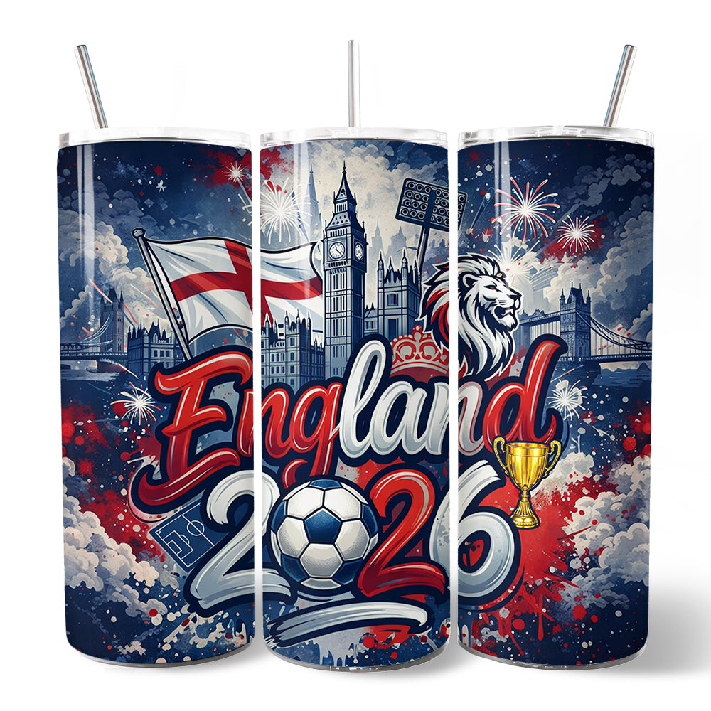 England 2026 Soccer Cup Global Championship 20oz Tumbler With Lid and Stainless Steel Straw, Fans Football Gift Cup
