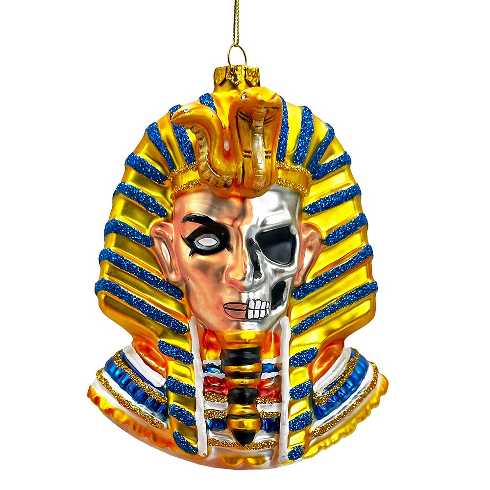 Evil Egyptian Pharoah Half Skull Head Glass Ornament, Gothic Halloween Tree Decor Glass Ornament OrnamentallyYou 