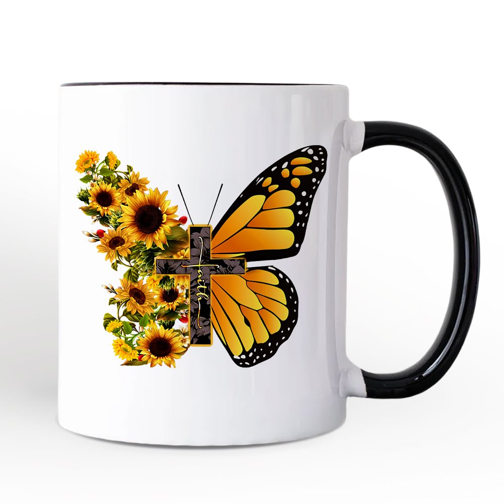 Faith Cross Butterfly Mug, Christian Sunflower Floral Gift Personalized Ceramic Mug OrnamentallyYou 