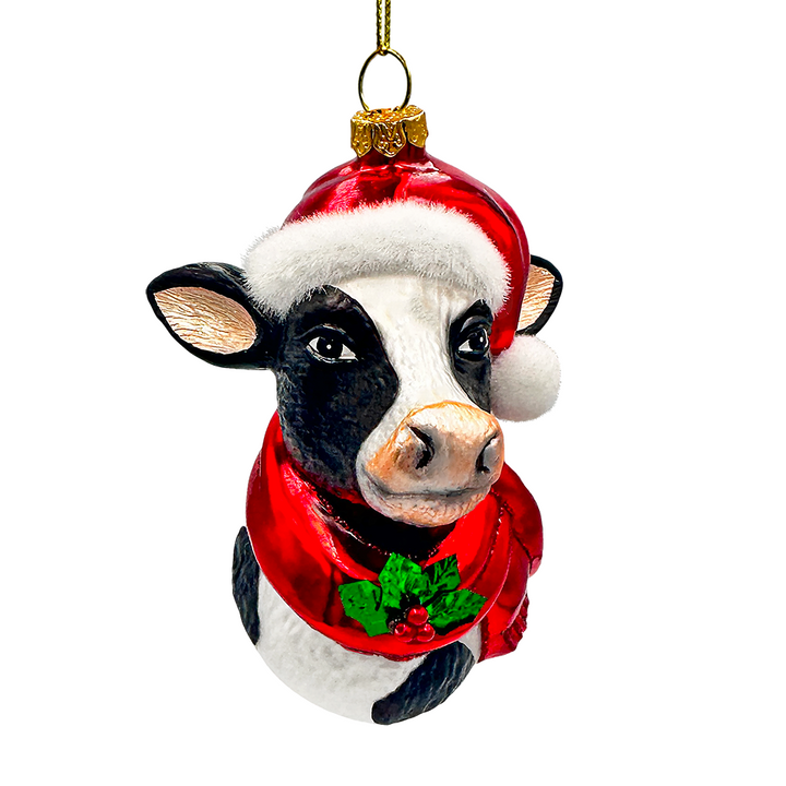 (Pre-Order) Festive Cow in Wreath Blown Glass Christmas Ornament, Farmhouse Theme Tree Decoration