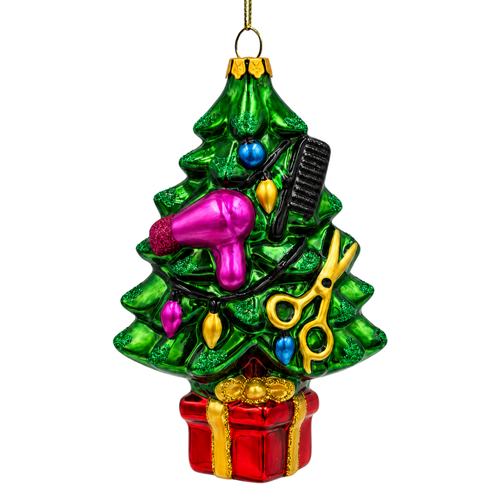 (PRE-ORDER) Festive Hairdresser Christmas Tree Glass Ornament, Hairstylist Salon Gift Holiday Decor