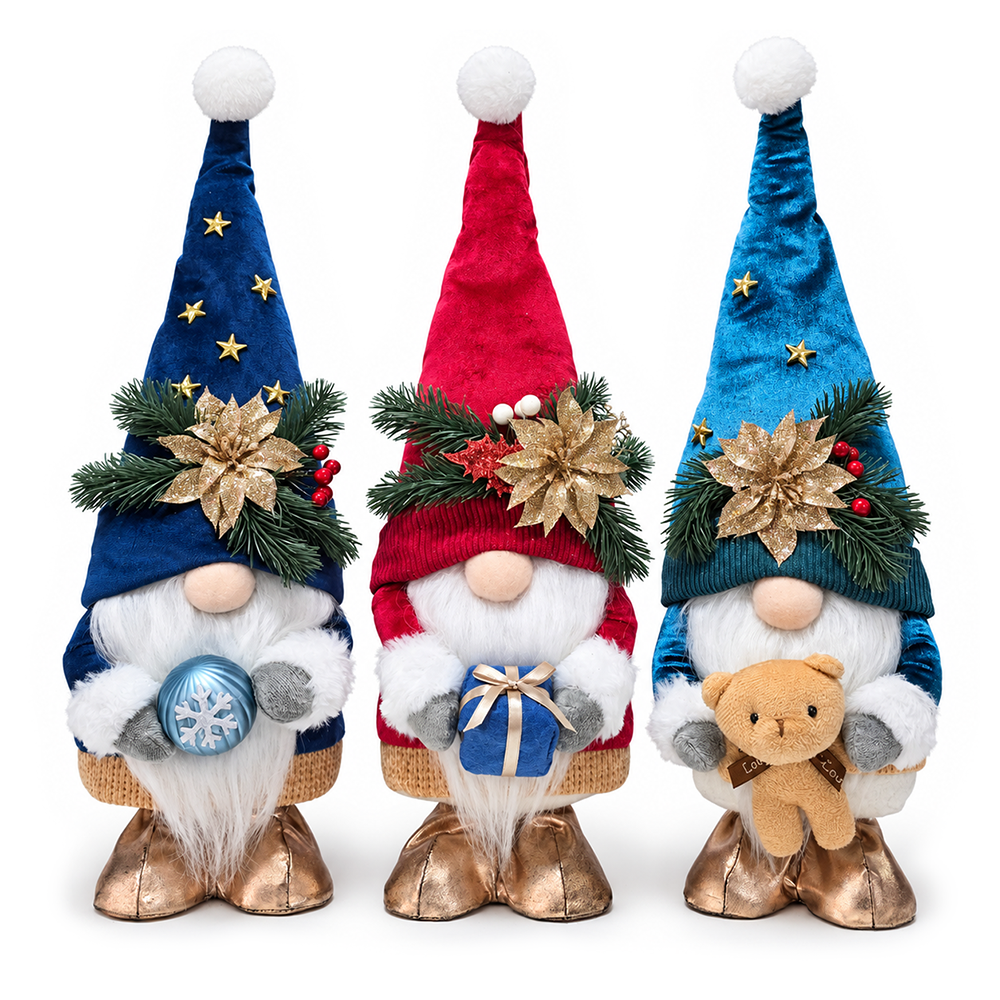 Festive Poinsettia Plush Gnome Set of 3, Blue Red and Teal 21" Christmas Decor with Present and Teddy Bear