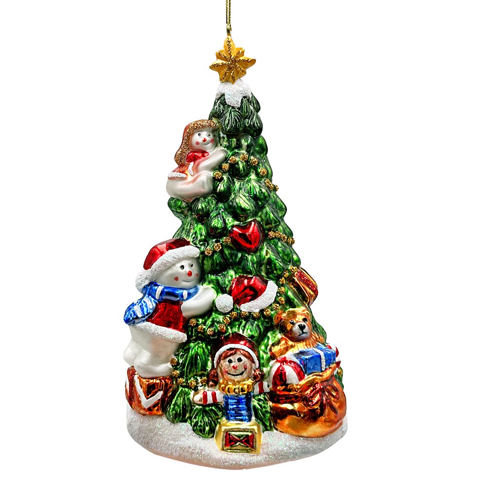 Festive Snowman and Christmas Tree Glass Ornament Glass Ornament OrnamentallyYou 