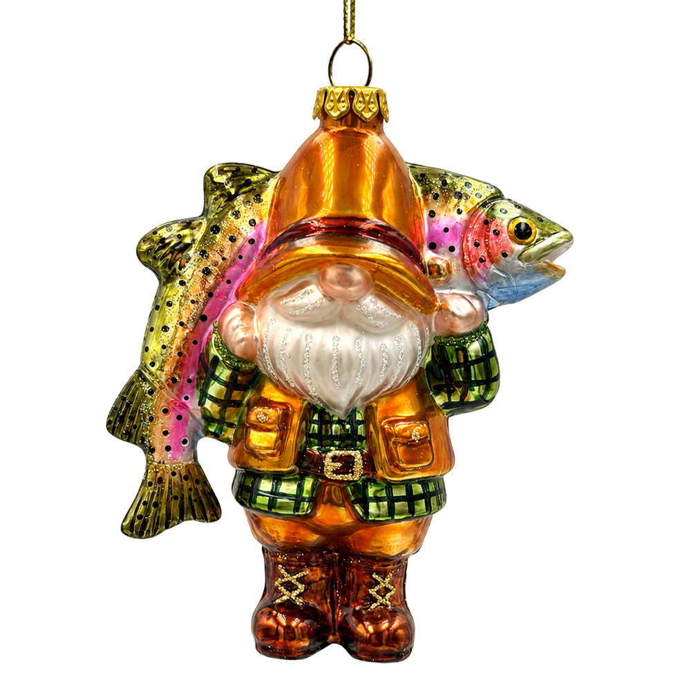 (PRE-ORDER) Fisherman Gnome with Trout Glass Christmas Ornament, Fishing Gift Outdoorsman Holiday Tree Decor