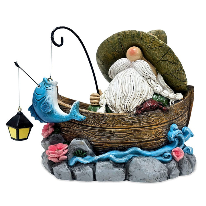 Fishing Gnome with Lantern Garden Statue, 6" Lighted Dwarf Figurine Outdoor Decor Resin Statues OrnamentallyYou 