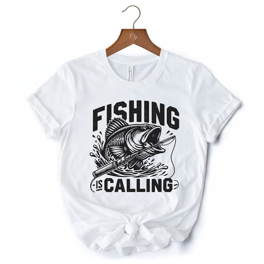 Fishing Is Calling T-Shirt, White Outdoor Tee for Fishermen Dads T-Shirts OrnamentallyYou 