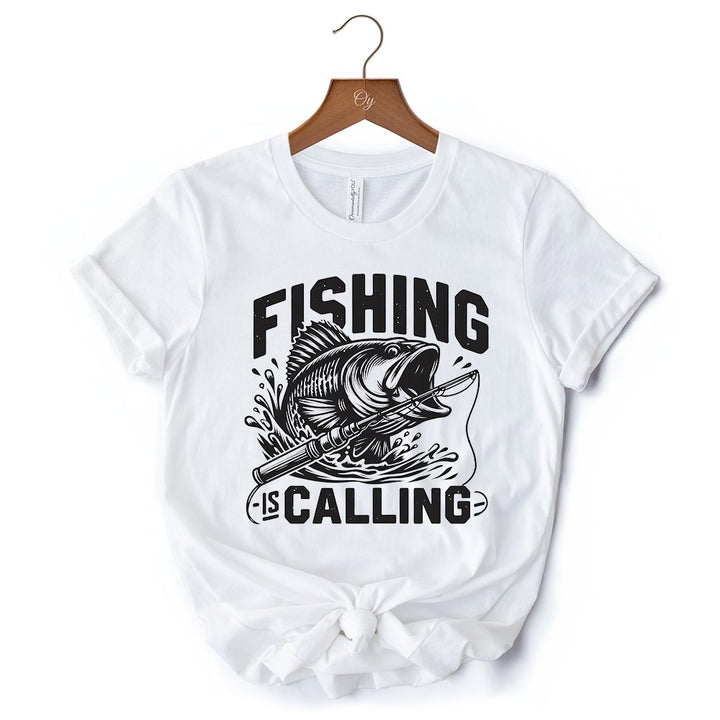 Fishing Is Calling T-Shirt, White Outdoor Tee for Fishermen Dads T-Shirts OrnamentallyYou 