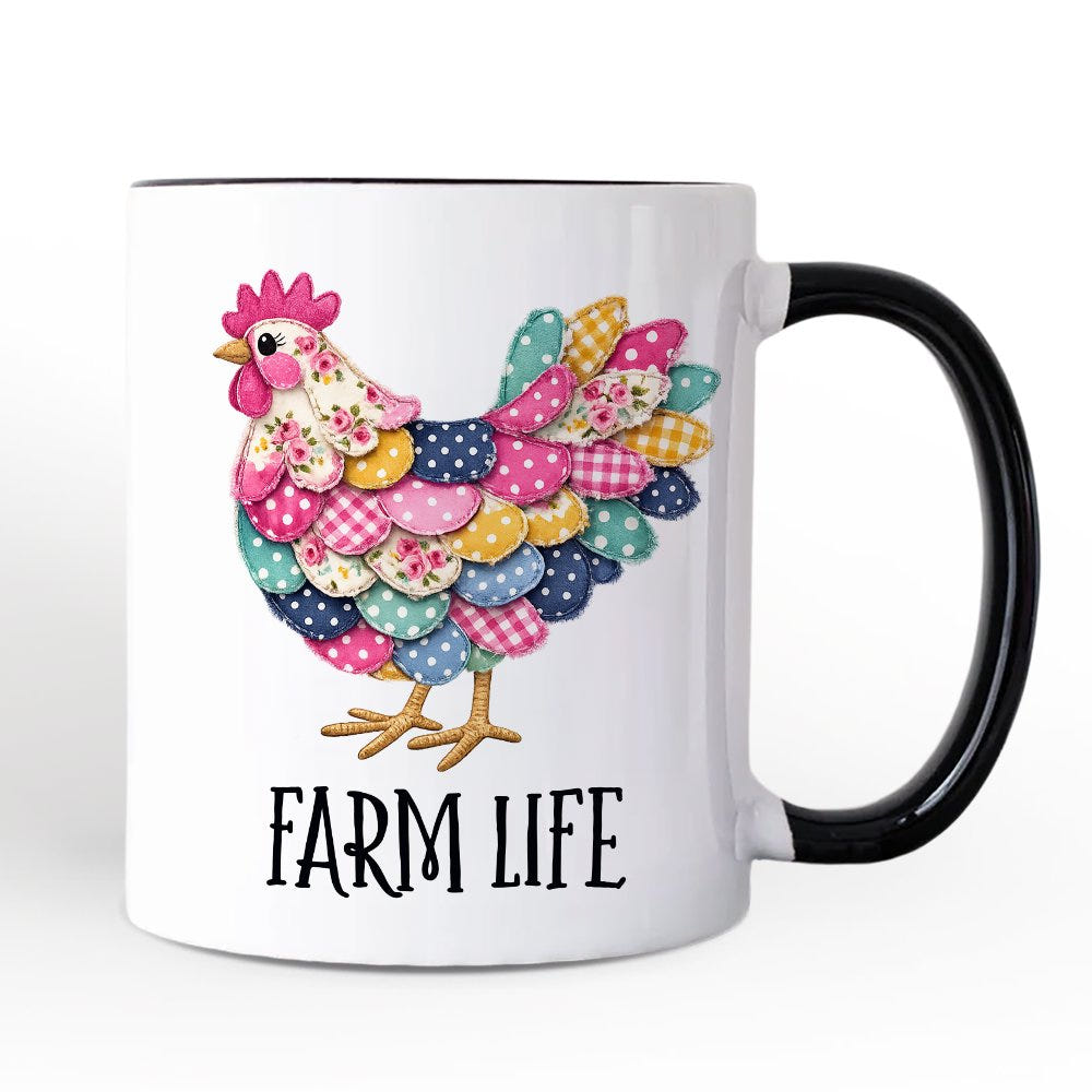 Floral Chicken Printed Faux Patchwork Mug, Coquette Hen Farm Life Gift Personalized Ceramic Mug OrnamentallyYou 