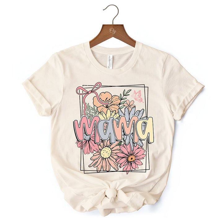 Floral Mama Coquette Bow Pastel T-Shirt, White and Natural Boho Tee With Spring Flower T-Shirts OrnamentallyYou 