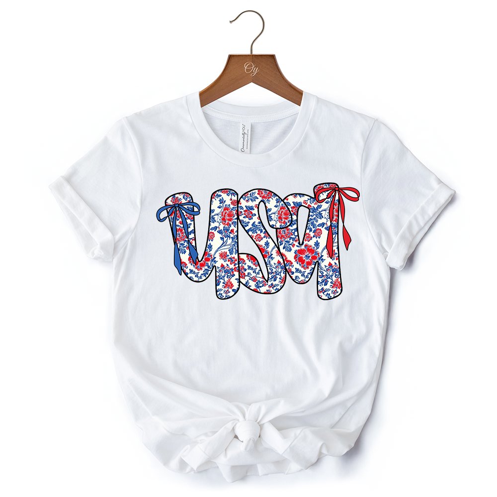 Floral USA Patriotic T-Shirt, 4th of July White, Natural and Black Tee for Stylish Women T-Shirts OrnamentallyYou 