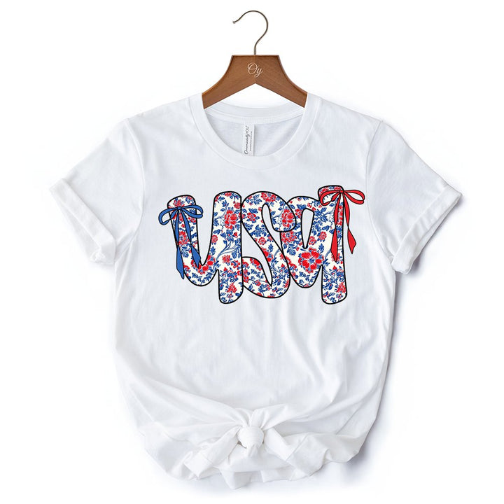 Floral USA Patriotic T-Shirt, 4th of July White, Natural and Black Tee for Stylish Women T-Shirts OrnamentallyYou 