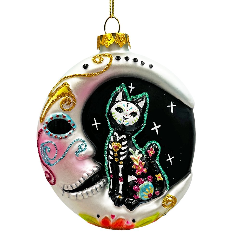 Folkloric Siamese Cat Sugar Skull Glass Ornament, Celestial Crescent Moon Halloween Decor Glass Ornament OrnamentallyYou 