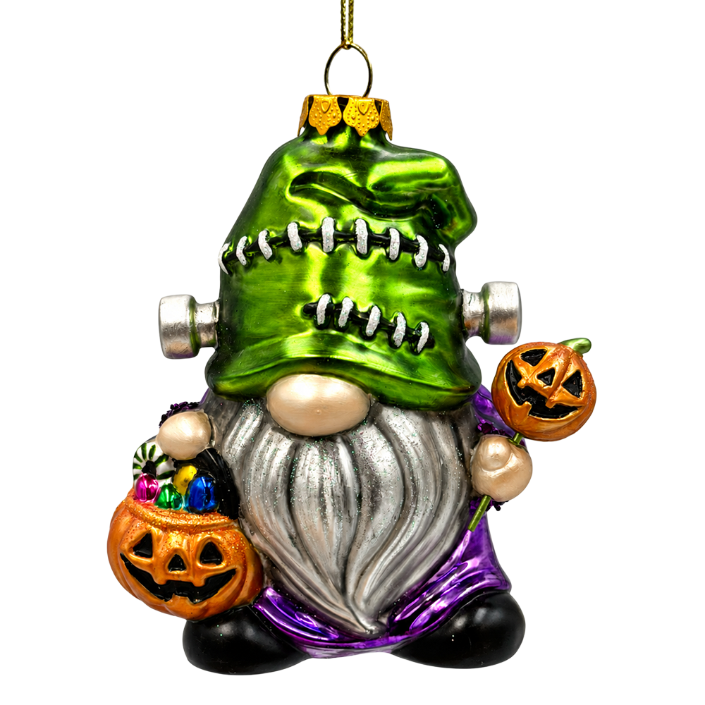 (PRE-ORDER) Frankenstein Gnome Glass Ornament, Pumpkin Candy Trick or Treat Halloween Decor