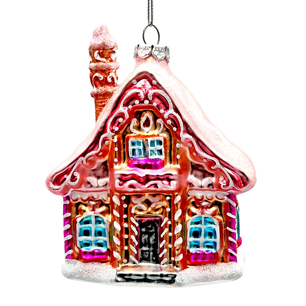 Frosted Pink Cottage Glass Christmas Ornament, Sugar Sweet Gingerbread Home Holiday Tree Decoration Glass Ornament OrnamentallyYou 