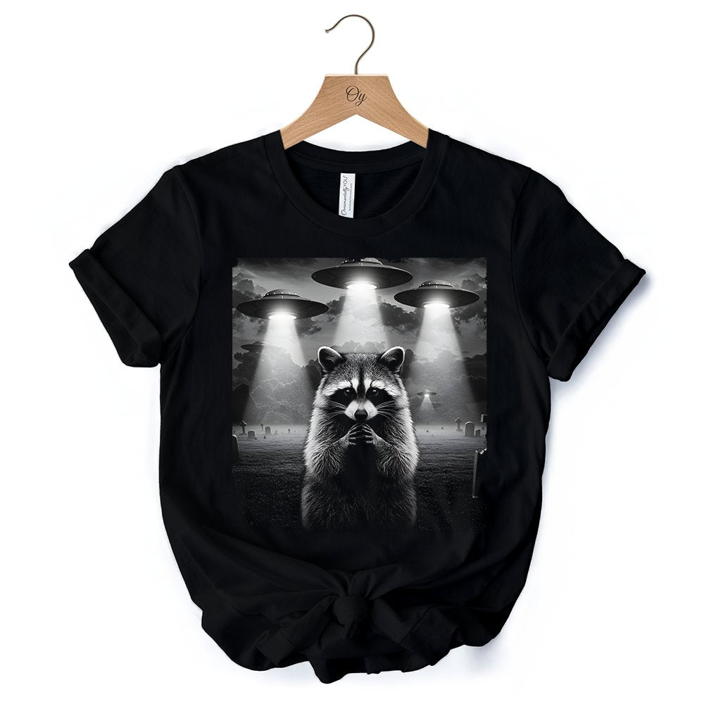 Funny Raccoon UFO T-Shirt, Unisex Black Tee for Space Lover T-Shirts OrnamentallyYou 