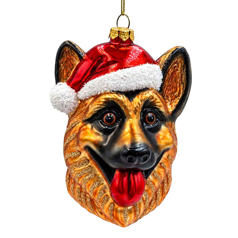 (PRE-ORDER) German Shepherd in Santa Hat Glass Christmas Ornament, Dog Lover Holiday Tree Decor