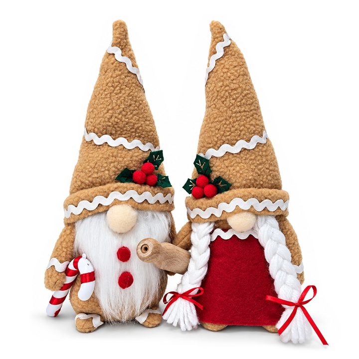 Gingerbread Christmas Plush Gnome Set of 2, Holiday 10.5" Baking Decor with Rolling Pin and Candy Cane