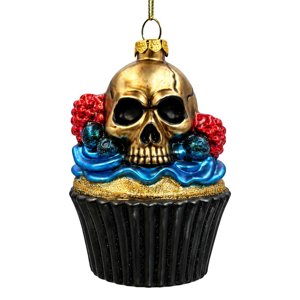 (PRE-ORDER) Gothic Skull Cupcake Glass Ornament, Spooky Halloween Dessert Tree Decor